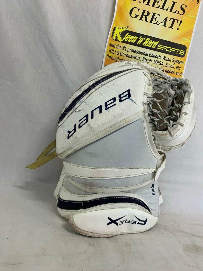 Used Bauer Reflex Reg (Lt Hand) Hockey White/ Navy Goalie Catcher Ice Hockey Goalie Catchers And Blockers 4 Used Bauer Reflex Reg (Lt Hand) Hockey White/ Navy Goalie Catcher Ice Hockey Goalie Catchers And Blockers